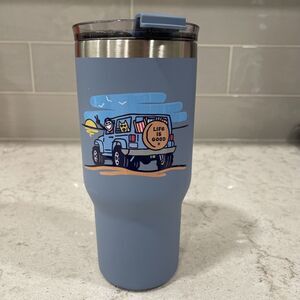 “JEEP” Life Is Good Hot Cold 25oz Commuter Travel Mug Stainless Steel Blue Beach